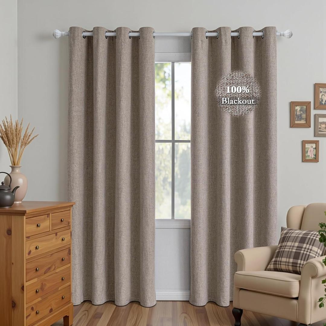 100% Blackout Linen Curtains for Bedroom 84 Inches Long, Black Out Thermal Insulated Grommet Curtains 2 Panels Set,Sun Blocking Privacy Drapes Living Room Nursery (52W  84L inch, Beige)