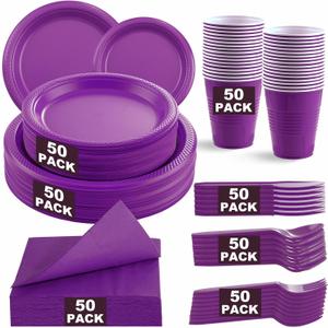 MirthMood 350Pcs Purple Party Supplies, Purple Plastic Dinnerware Set, Including Plates and Napkins, Plastic Cutlery and 12OZ Cups
