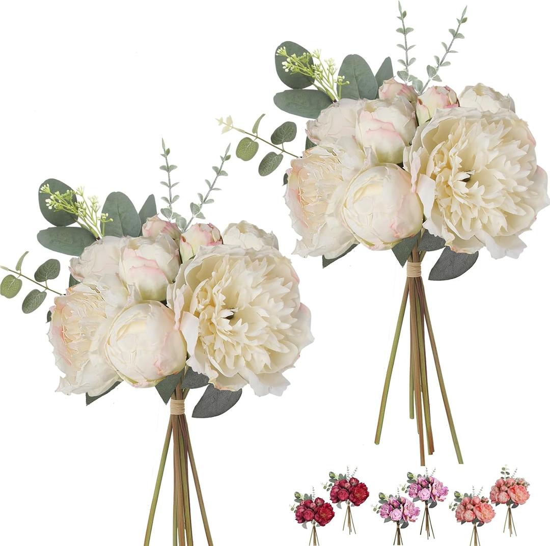 White Peonies Artificial Flowers Bouquet Vintage Fake Peonies 21pcs Silk Flowers with Stems Real Touch Peonies for Home Wedding Table Decoration Bride Bouquet Faux Flowers Crafts Floral Arrangement
