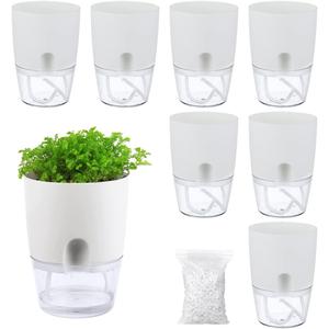 8 Pack Self Watering Pots for Indoor Plants, PlanterHoma 3.2 Inch Plant Pot Plastic Self Watering Planter for Orchid, African Violet, Mini Clear Flower Pots with Drainage Holes and Wicking Rope, White