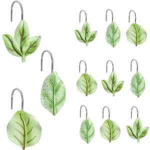 12PCS Leaves Shower Curtain Decor Hooks, Sage Green Plant Eucalyptus Leaf Stainless Steel Hooks Cute Shower Curtain Rings Boho Bathroom Accessories