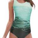 American Trends One Piece Swimsuit Women Criss Cross Back Color Block Print Bathing Suits Athletic Modest Swimwear (14-16, E Green Gradient)