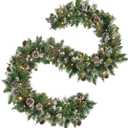 9 FT Prelit Christmas Garland with Pine Cones, Artificial Snowy Pine Garland for Christmas 50 LED Battery Operated Warm Lights and Timer Xmas Garlands Decor Indoor Outdoor