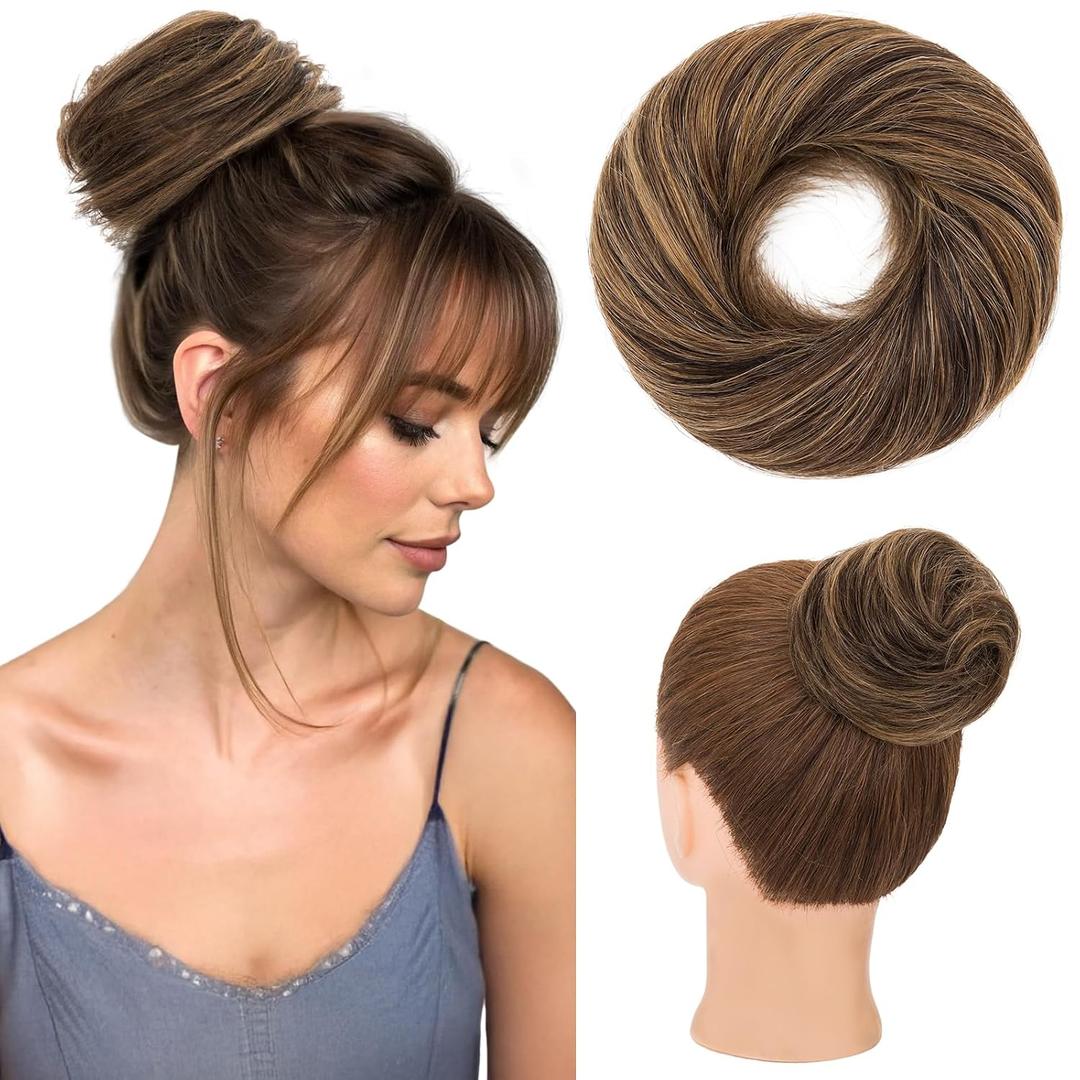 Hairro Messy Bun Hair Piece Real Remy Human Hair Straight Highlight Balayage Piano Color Ponytail Scrunchies Updo Elastic Wrap On Chignon 30g #2RP6R Dark Brown Mix Light Brown