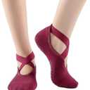 Non-Slip Yoga Socks for Women, Cotton Blend Ballet Style Grip Socks, Cushioned Padding for Pilates and Dance (Medium, 2 Pairs Black/ 2 Pairs Red)