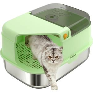 3-in-1 Convertible Cat Litter Box, ABS + Stainless Steel Pan, Enclosed Low Entry High Sided Box with Litter Trapping Grid, 23.1x16.93x14.1 Inch, for Senior Kittens & Large Cats（Green）