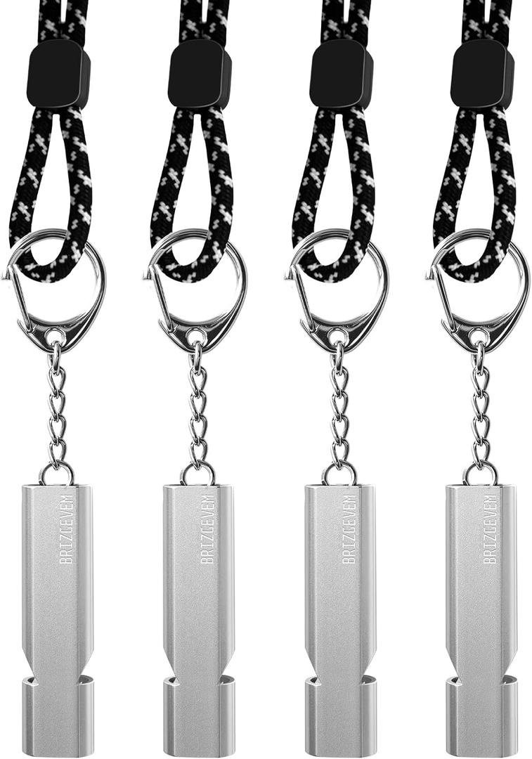 Survival Whistles 4-Pack & 6-Pack, Upgraded Aluminum Emergency Safety Whistle with Lanyard and Keychain, Waterproof & Unbreakable for Hiking, Camping, Dog Walking, Coaching, Emergency Kits