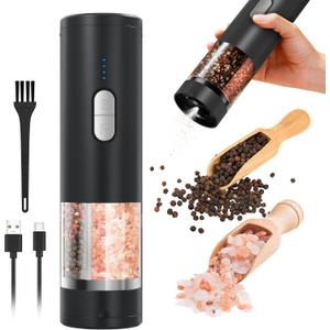 2 in 1 Electric Salt and Pepper Grinder Set (USB Rechargeable), Automatic Salt and Pepper Mill with LED Lighting, One-Handed Operation Adjustable Coarseness - Perfect for Kitchen, BBQ Gifts (Black)