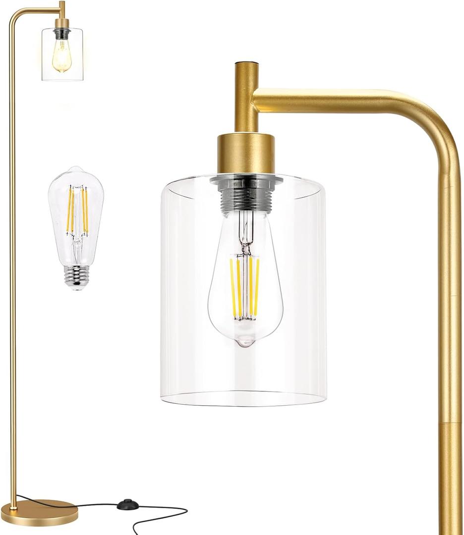 【Upgraded】Dimmable Gold Floor Lamp for Living Room with Clear Glass Lampshade, Glass Modern Floor Lamp with 900LM Edison Bulb Included, Standing Tall Lamp for Bedroom, Office, Reading Room, Corner