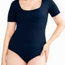 POSESHE Women's Plus Size Short Sleeve Square Neck Tank Top Bodysuit, (Blue, XXL)