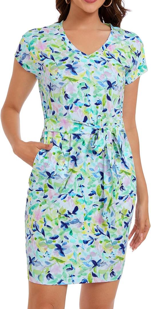 Lightbare Womens UPF 50+ Short Sleeve T Shirt Dress V Neck Summer Floral Dresses Tie Waist Casual with Pockets (XL)