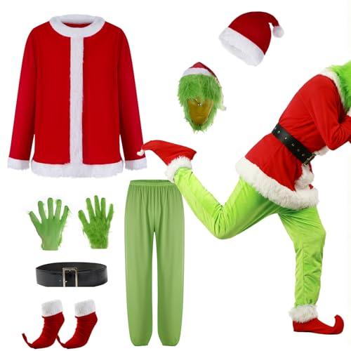 Adrinfly Christmas Big Monster Santa Suit - Adult Green Deluxe Santa Costume With Mask XXL
