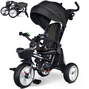 7-in-1 Folding Toddler Tricycle for 18 Months to 5 Years, Tricycle Stroller with Dual Brakes, All-Terrian Rubber Tire, Tricycle for Toddlers with Rotatable Seat, Adjustable Push Handle, Black