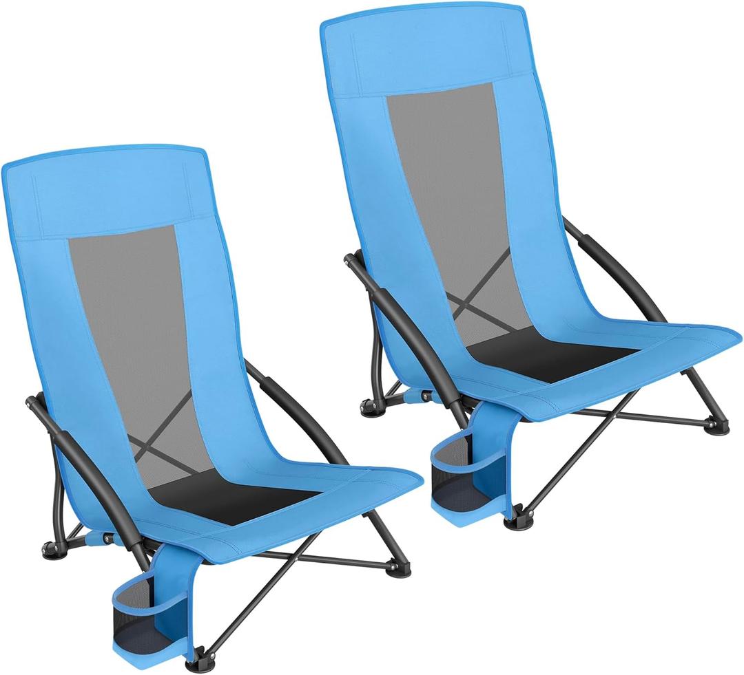SONGMICS Set of 2 Portable Beach Chairs for Adults, Max. Load 330 lb Each, High Backrest, Cup Holder, Lightweight, Heavy-Duty, Light Blue UGCB067Q01V1