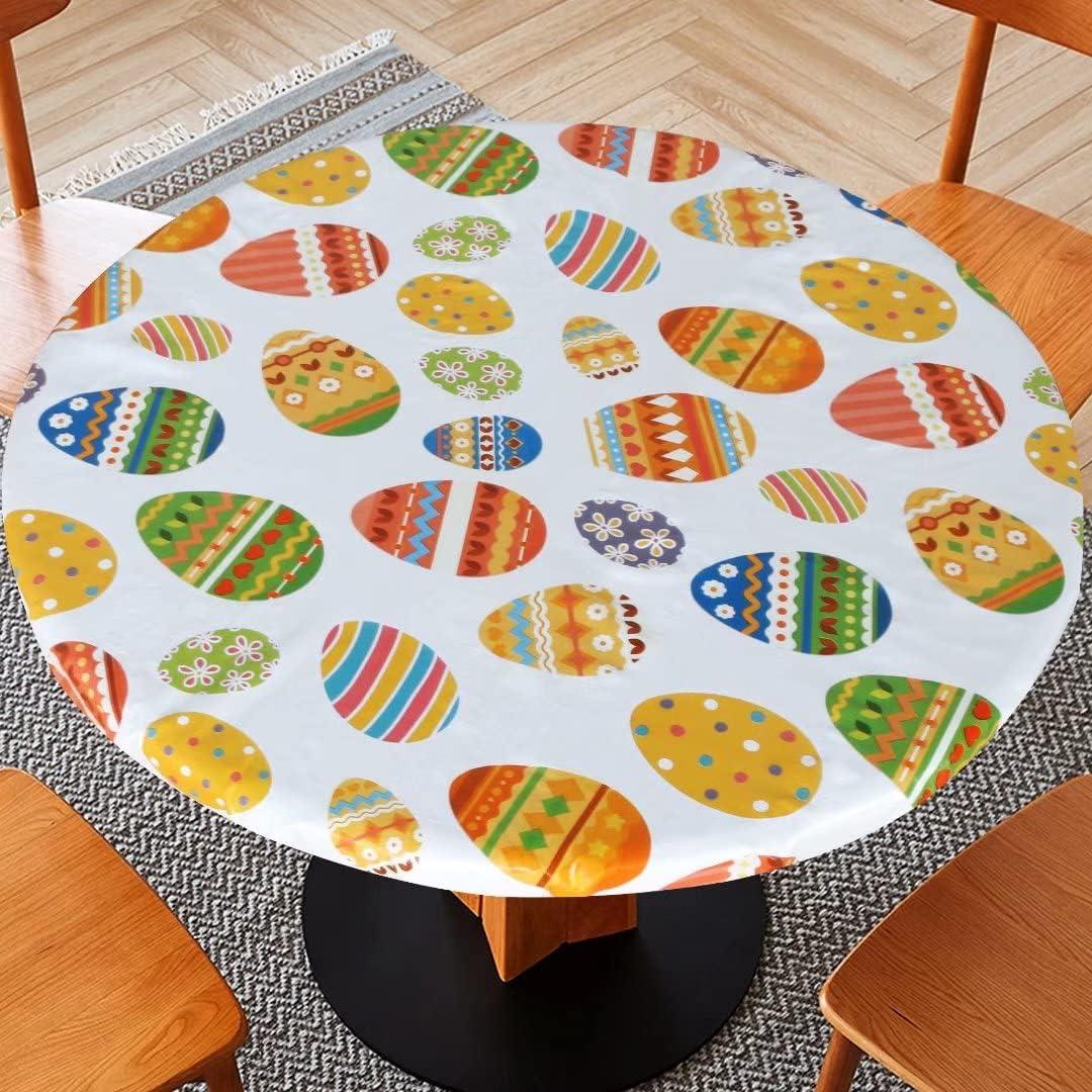 Easter Fitted Table Cover - Waterproof Colorful Egg Elastic Edged Tablecloth Vinyl Wipeable Table Cloth for Holiday Dinner, Party, Family Gathering (Fit for 36"-44" Round Tables)