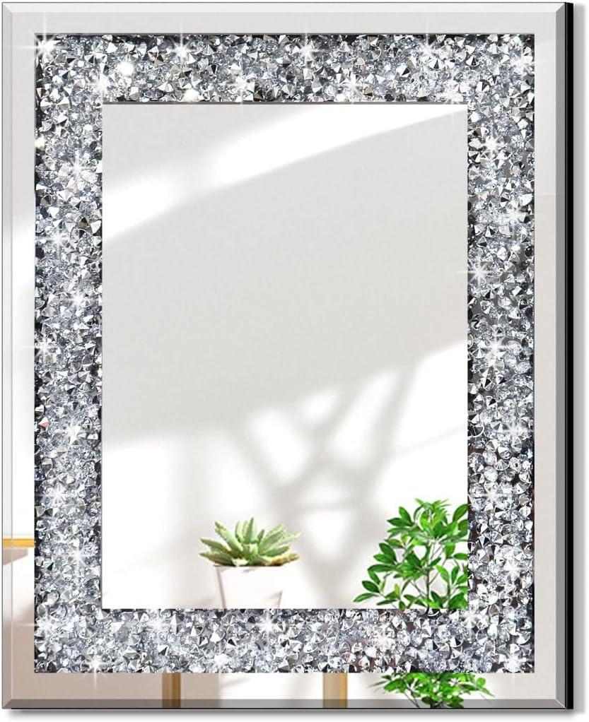 Rectangle Sparkling Decorative Wall Mirror for Home Decoration with Silver Crystal Crush Diamond Dcor, Dimention16x20x1 inch, Wall Hang Frameless Mirrors Glass Diamond Dcor. (16"L x 20"W)