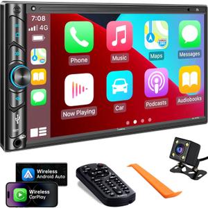 Double Din Car Stereo Compatible with Voice Control Apple Carplay - 7 Inch HD LCD Touchscreen Monitor, Bluetooth, Subwoofer, USB/SD Port, A/V Input, AM/FM Car Radio Receiver, Backup Camera