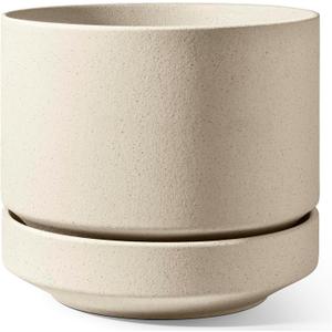 LE TAUCI Large 14 Inch Plant Pot with Saucer | Ceramic Outdoor & Indoor Big Planter Pot | Drainage Hole, Mesh Pad | Unglazed Porous | Modern Minimalist for Home and Patio Speckled Oat