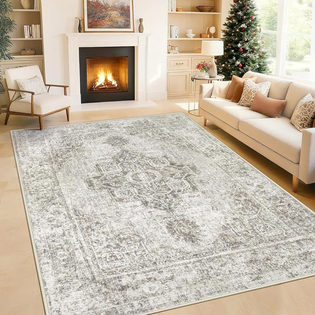 6x9 Area Rugs for Living Room, Washable Vintage Boho Medallion Rug Non Slip Low Pile Floor Carpet for Bedroom Nursery Dining Room (Taupe, 6'x9')