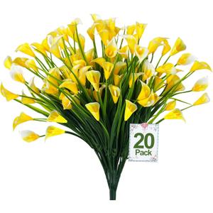 TURNMEON 20 Bundles Calla Lily (500 Heads) Outdoor Faux Plants, Artificial Flowers for Outdoors UV Resistant Plastic Fake Cemetery Flowers for Grave Planter Home Porch Gardens Summer Decor(Yellow)