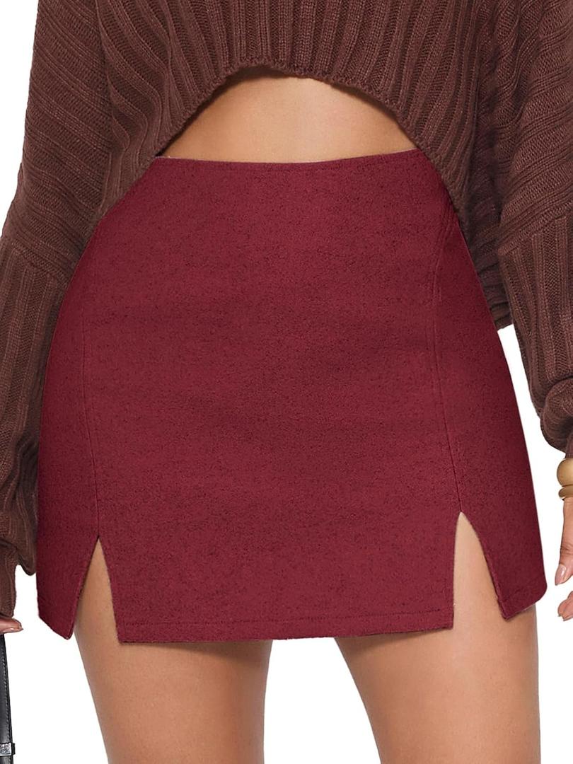 EXLURA Women's Fashion Faux Wool Mini Skirt High Waisted Y2K Trendy Side Slit Tweed Plaid Skirts 2025 Fall Winter Outfits Dark Red, Small