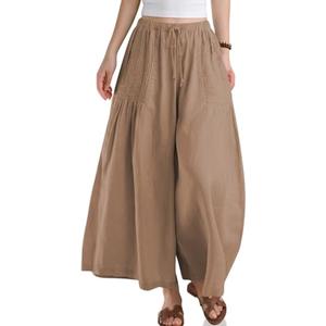TARSE Womens Linen Wide Leg Cropped Pants Baggy Palazzo Boho Casual Elastic Waist Summer Beach Skirt Pants with Pockets(MidCoffee, XXL)