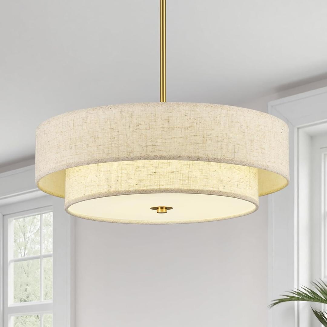 VONLUCE Modern Chandeliers, 18" Drum Chandeliers with 2-Layer Fabric Shade, 4-Light Pendant Light Fixture with E26 Bases, Light Fixture for Dining Room Bedroom Living Room, Linen Shade & Brass Finish