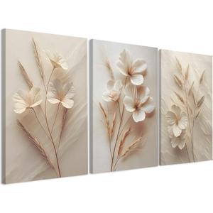 FYLDPSB 3Pcs Unframed Neutral Beige Floral Canvas Wall art, Modern Simple Texture Plant Painting Wall Decor, Vintage Flower Poster Prints for Living Room Bedroom Farmhouse Ready to Hang 24''L x 16''W