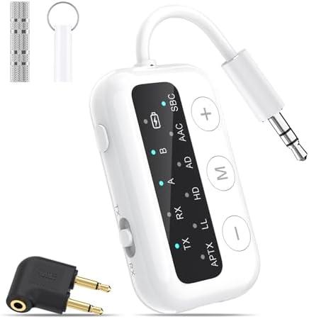 1Mii SafeFly Dot Bluetooth 5.3 Transmitter Receiver for up 2 Headphones,AptX Low Latency/HD,Plane Travel Essentials,Wireless Audio Bluetooth Airplane Adapter for Flight,TV,Car,PC(White)