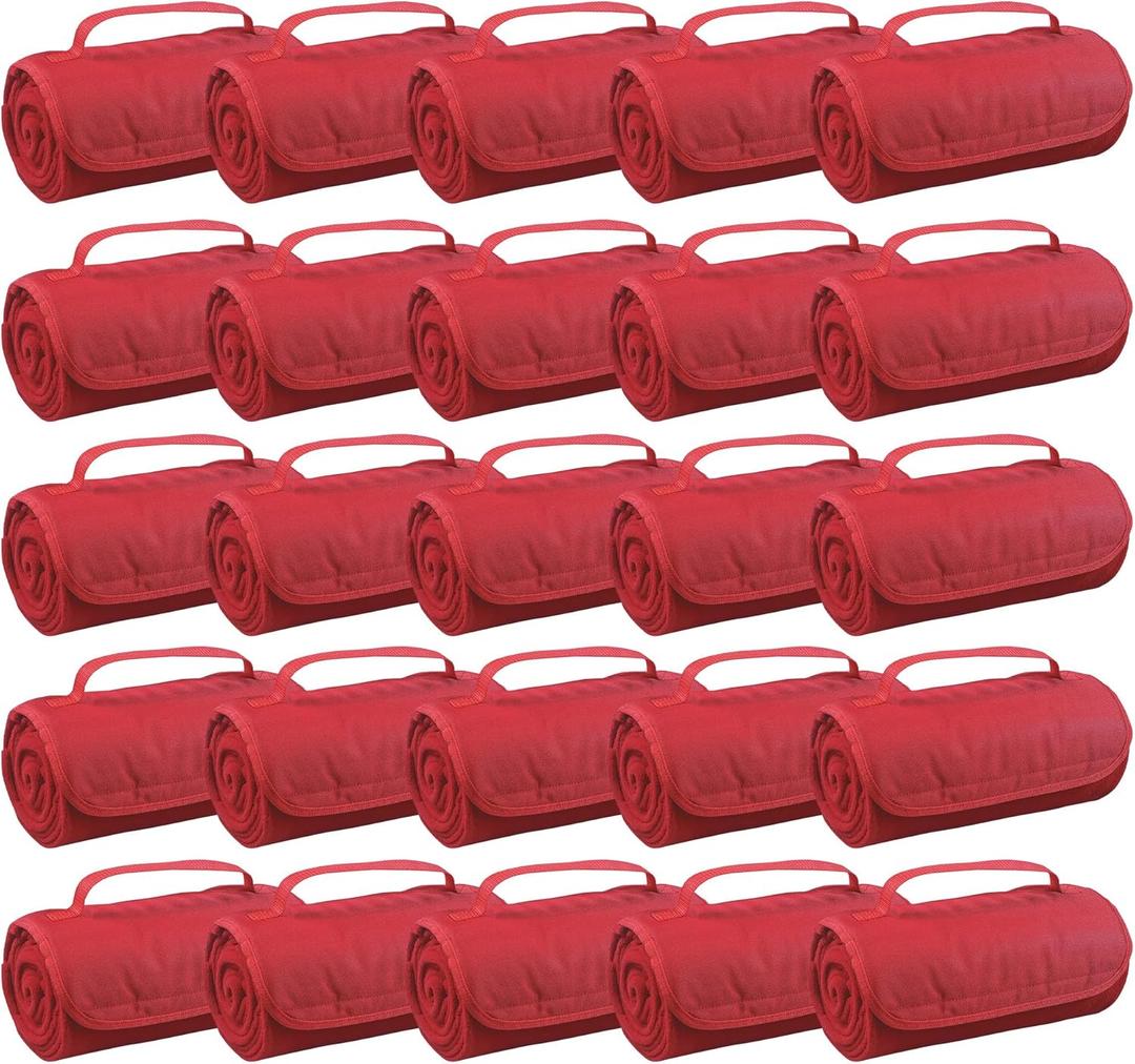 25 Ct of Roll-Up Blankets for Camping, Travel, Outdoors, Beach, Picnics Red Hook + Loop Closure for Easy Use in Cars & on Airplanes Customizable for Promotions & Events
