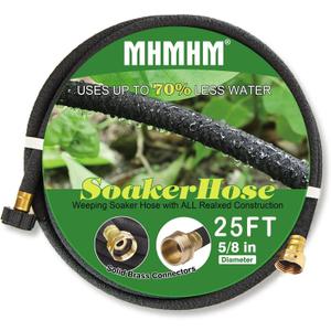 5/8" Soaker Hose for Garden Drip Hose Irrigation System with Solid Brass Fitting for Lawns Flower Beds & Vegetable Gardens (25FT)