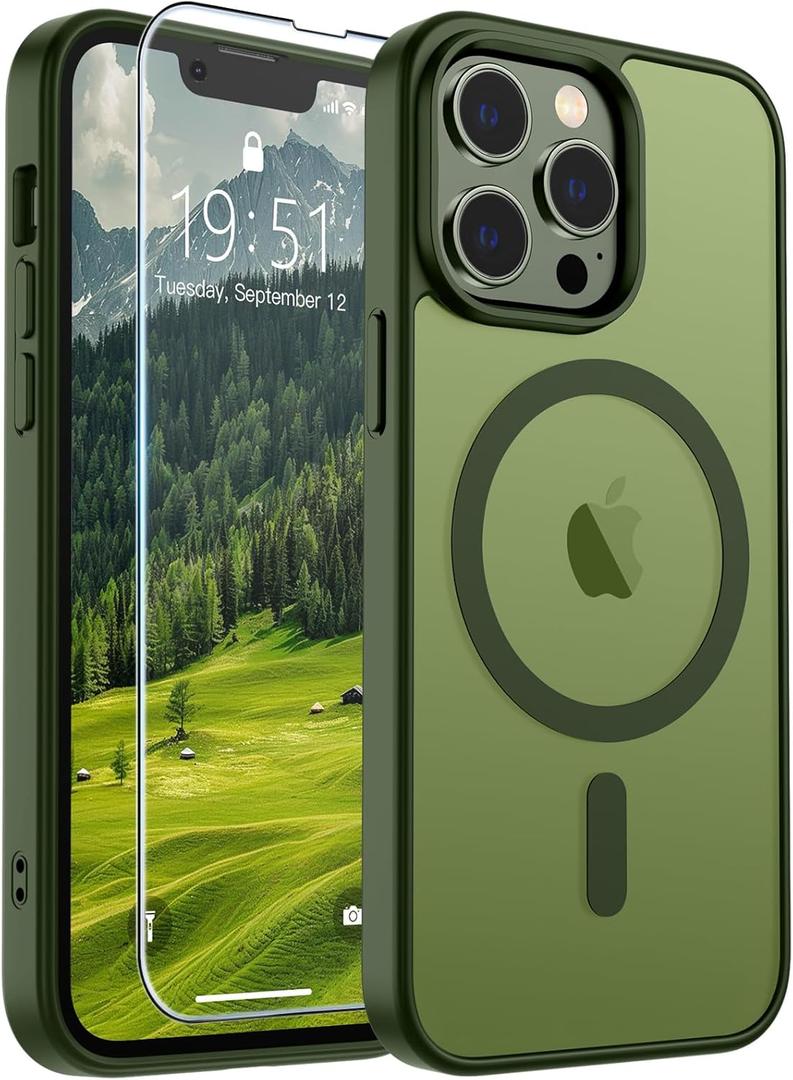 SUPFINE Magnetic for iPhone 13 Pro Case [Compatible with MagSafe] [10 FT Military Grade Drop Protection] Slim Translucent Matte Shockproof with Anti-Fingerprint Phone Case, Matte Cangling Green