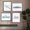 2 x Blue Car Wall Art Decor Boys Room Poster Vintage Train Transportation Wall Art (UNFRAMED) (White)
