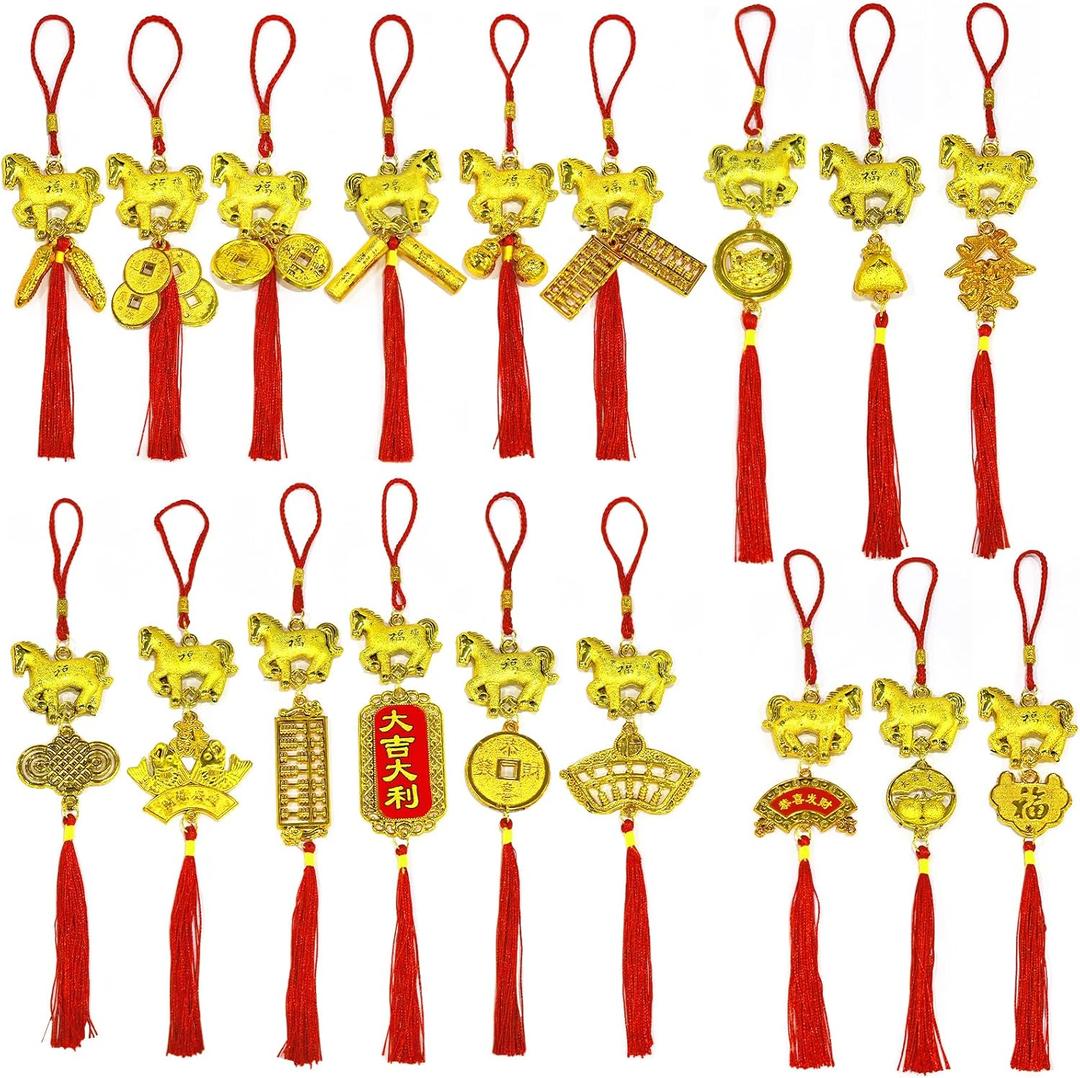 18 Pcs Chinese New Year of The Horse Decorations Bonsai Hanging Red Tassel 2026 Spring Festival Ornaments for Home Wealth Success Good Luck Home Tree Car (9 Inch)