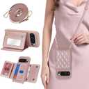 For Pixel 10/10 Pro Case with Card Holder and Strap for Women,Crossbody Lanyard, Make Up Mirror,Snap Clasp,Cute Phone Wallet Cases - Dark Rose Gold