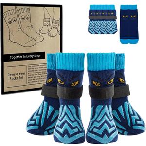 2 x Non-Slip Dog Socks & Owner Sock Set- Extra-Grip, Paw Protection for Senior & Active Dogs(Blue,2XL)