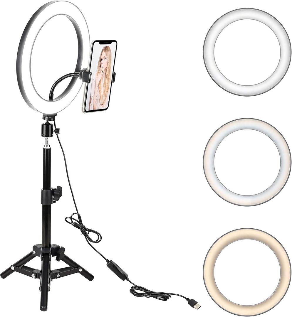 10" LED Selfie Ring Light with Tripod Stand & Cell Phone Holder for Tiktok/Live Stream/Makeup, BONFOTO Dimmable Desktop Camera Ringlight for YouTube Video/Photography Compatible with iPhone/Android