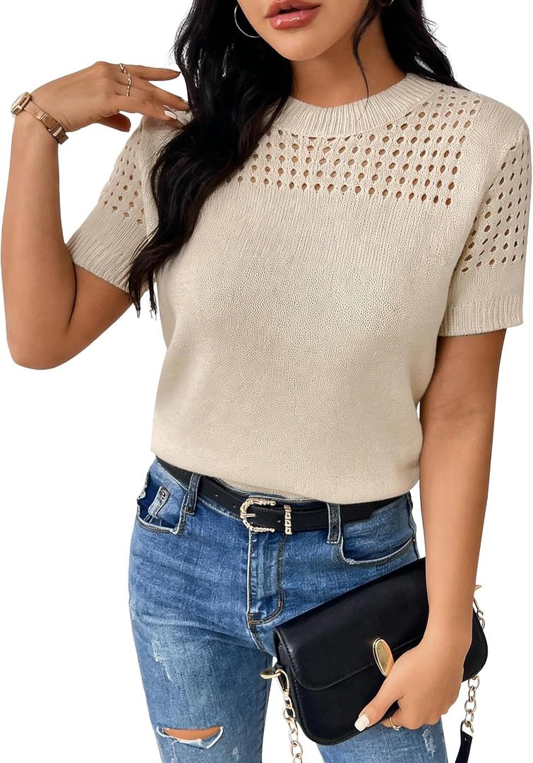 Short Sleeve Sweaters for Women 2026 Casual Crewneck Summer Shirts Lightweight Hollow Out Knit Sweater Tops (Beige, XXL)