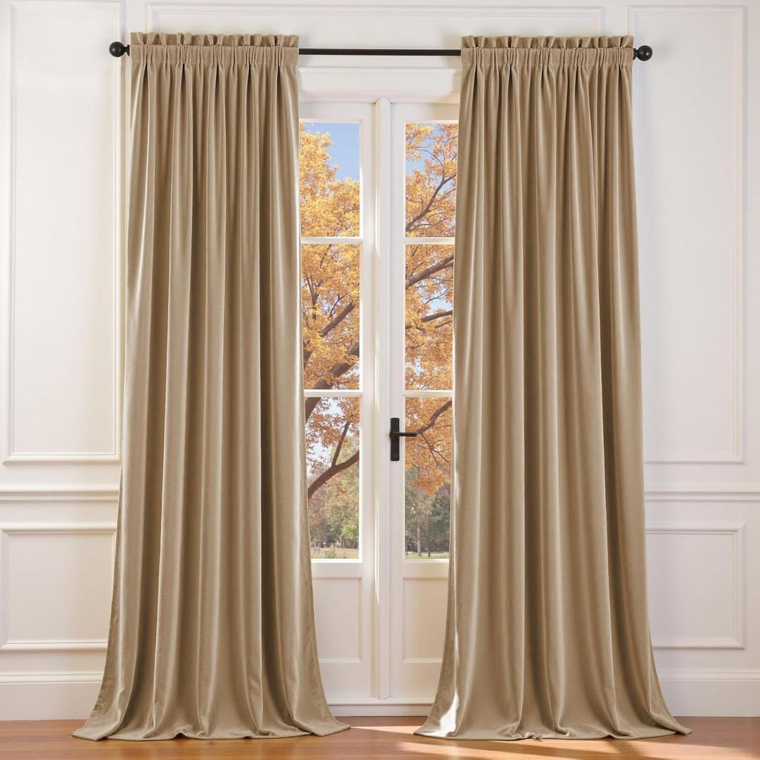Lazzzy Velvet Curtain Beige Thermal Insulated Curtains 108 Inch Extra Long Drapes for Bedroom Living Room Light Filtering Window Treatments Rod Pocket, Set of 2, Latte