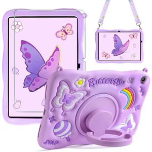 for Samsung Galaxy Tab A9 Plus Case Kids Girls Galaxy Tab Case with Screen Protector Kickstand Shoulder Strap Butterfly Shockproof Cover for Samsung A9 Plus Tablet Cover 11 inch 2023 (Purple)