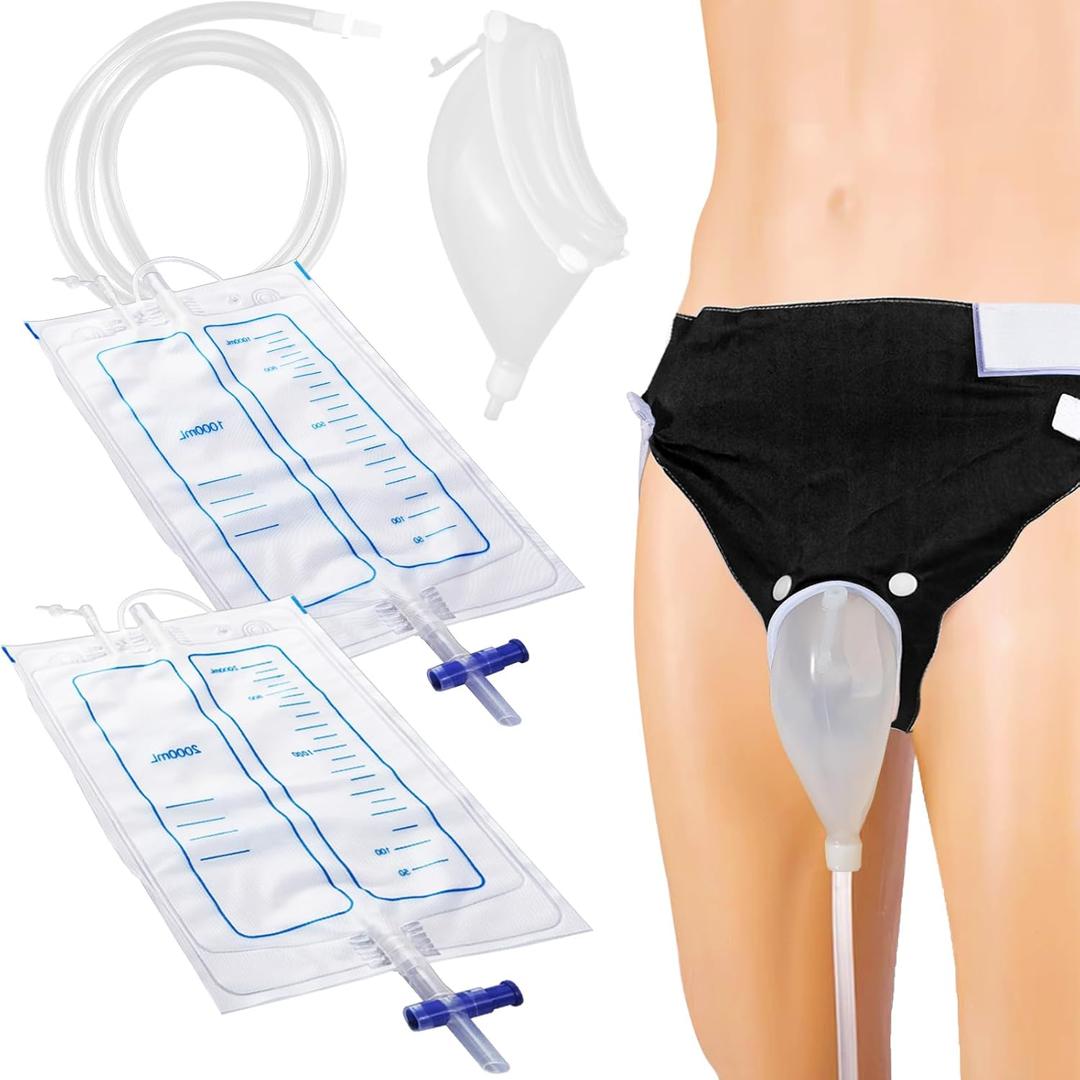 Men Wearable Urine Collector with Fixed Pants Silicone Urine Cup 1.2M Tube and Two Urine Bags 1000ml Daytime 2000ml Nighttime Reusable Leak Proof Anti Reflux Urinary Collection, Elderly Men Black