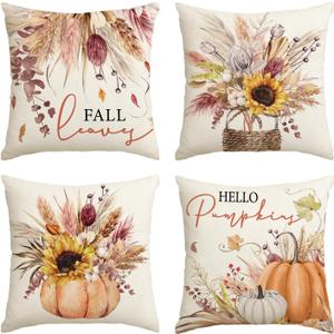 AVOIN colorlife Fall Pumpkin Wheat Cotton Jar Autumn Thanksgiving Throw Pillow Covers, 18 x 18 Inch Seasonal Cushion Case for Sofa Couch Set of 4 (Orange)