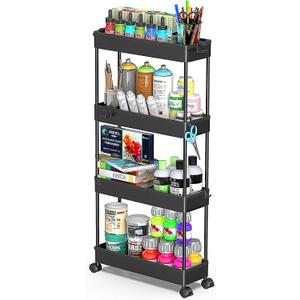 SPACEKEEPER Slim Rolling Storage Cart 4 Tier Bathroom Organizer Cart Mobile Shelving Unit Slide Out Utility Cart for Kitchen, Bthroom, Makeup, Craft, Laundry Narrow Places, Black