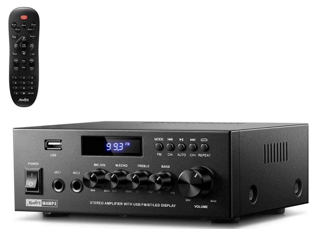 Moukey Amplifier Home Audio, 2.0 Channel Stereo Receivers with Bluetooth 5.3, Full Function Remote, FM, RCA, USB, 2 Mic in, 300W Peak Power, for Karaoke, Garage, Home Theater, MAMP3