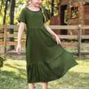 Batermoon Girls Short Sleeve Dress Casual A-Line Flowy Tiered Beach Maxi Dress with Pockcets (Green)