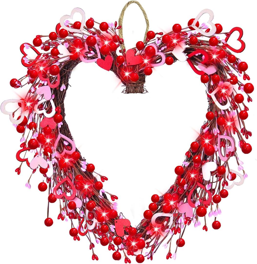 Valentine's Day Wreath Decoration with 20 Red LED Lights Timer Wood Hearts, Battery Operated 16 Inch Valentines Door Wreath for Front Door Decor Outdoor Indoor Home Wedding Anniversary