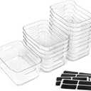 12 PACK Multiuse Clear Plastic Storage Bins for Organizing w/ Labels - Home, Kitchen, Bathroom, Office, Pantry Cabinet Shelf Organizer Bins - SOHO Collection, RV, Fridge Organization Containers (Medium)