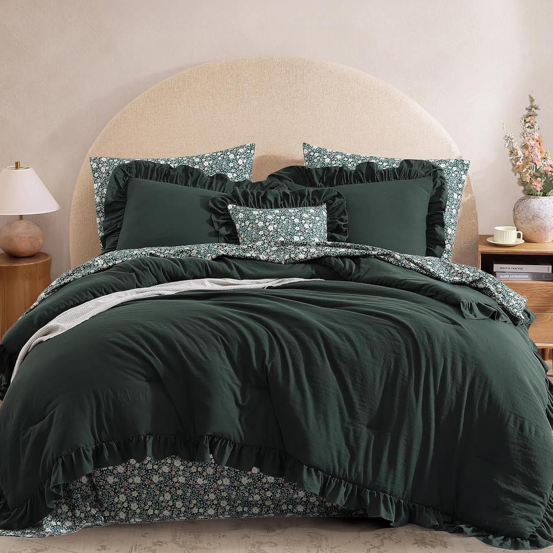 Full Comforter Set - 7 Pieces Ruffle Forest Green Bedding Sets, Shabby Chic Farmhouse Bed in a Bag with Ruffle Comforter, Floral Sheets, Pillowcases & Shams