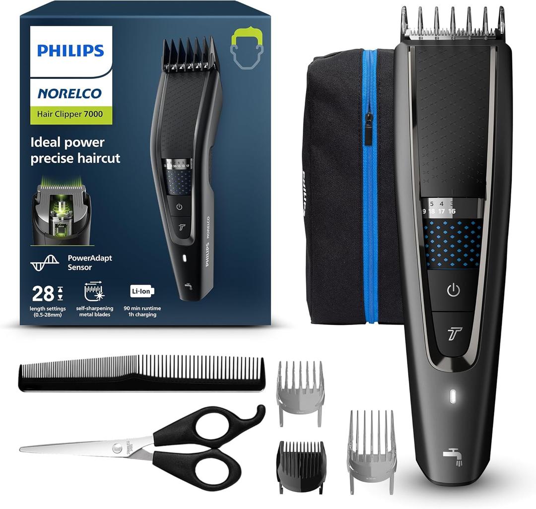 Norelco Philips Hair Clipper 7000 Series, Hair and Beard Trimmer, Precision Dial, PowerAdapt Sensor, Trim-and-Flow, DualCut, DuraPower, 28 Length Settings, 90 Min. Runtime, HC7650/40 (Gray & Black)