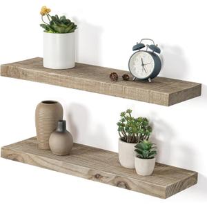 Dreamland Floating Shelves for Wall, Solid Rustic Reclaimed Wood Shelf 7.5 Inch Deep for Storage, Wall Mounted Display Shelving with Invisible Heavy-Duty Metal Bracket, 24 Inch Width Set of 2, Grey
